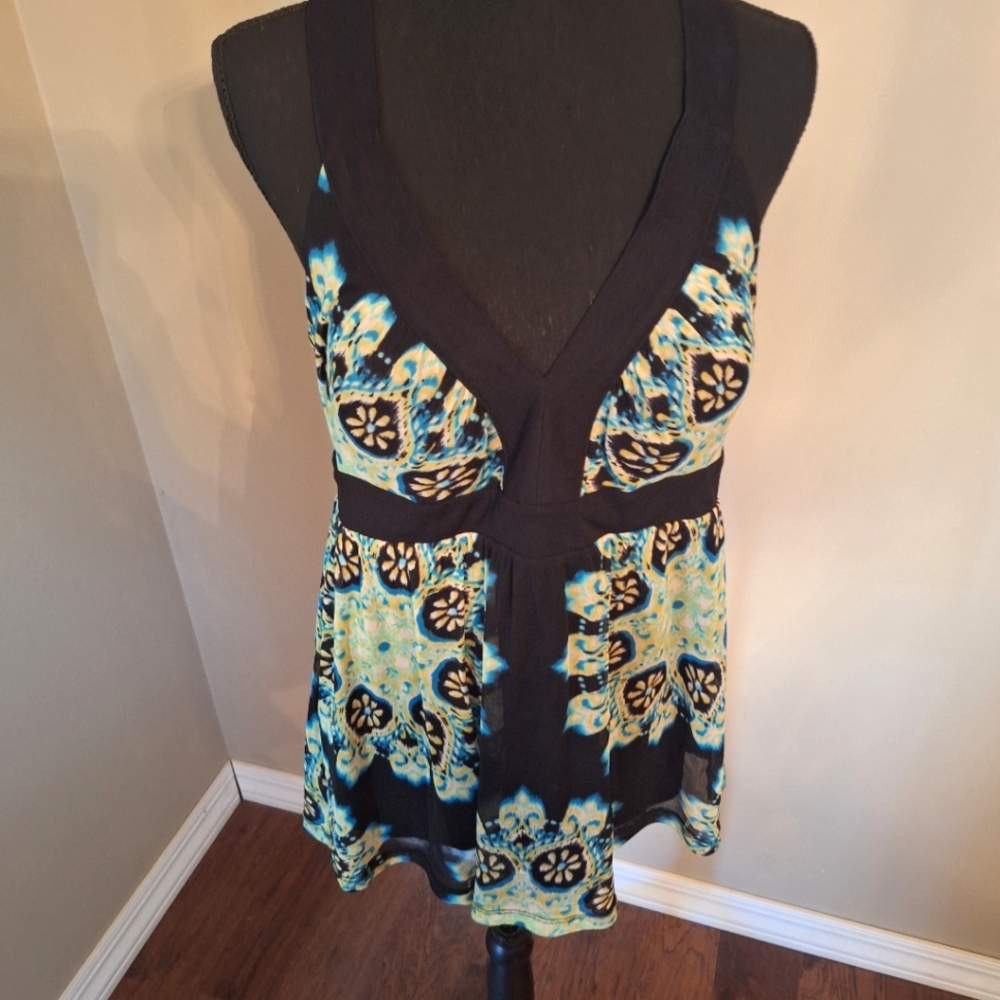 INC Y2k Babydoll Black and Blue Sheer Layer Patterned Floral Cami Large Petite